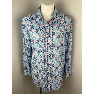 Talbots 100% Cotton Blue Pink Floral Leaf Print Button Up Plus Size Top 1X